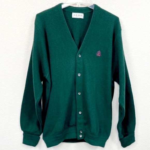 Vintage Izod Green Acrylic USA Made Academia Preppy Knit Cardigan Men's Large - Picture 1 of 8